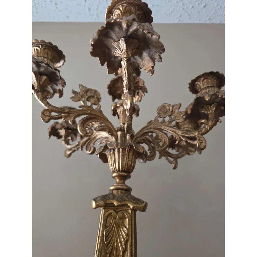 Antique Pair of French Gilt Brass Floral Five Light Candelabra Rococo Style 1900